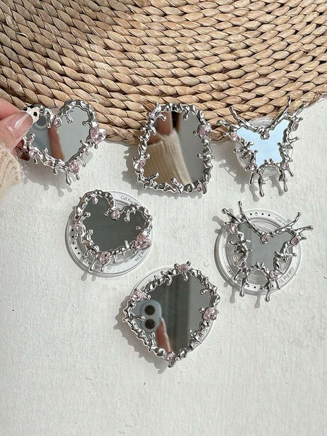 Alt view image 6 of 7 - Bks Rhinestone Phone Grip Stand Holder, Asymmetric Butterfly Heart Design, Retractable Adhesive Mount for Smartphones