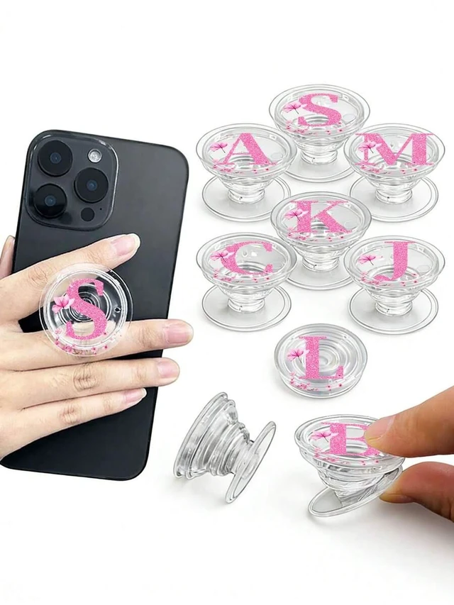 Main image of Bks Retractable Phone Grip Holder, Universal Smartphone Stand & Handle, Foldable Transparent Letter Design, Pink Multicolor Wedding Gift