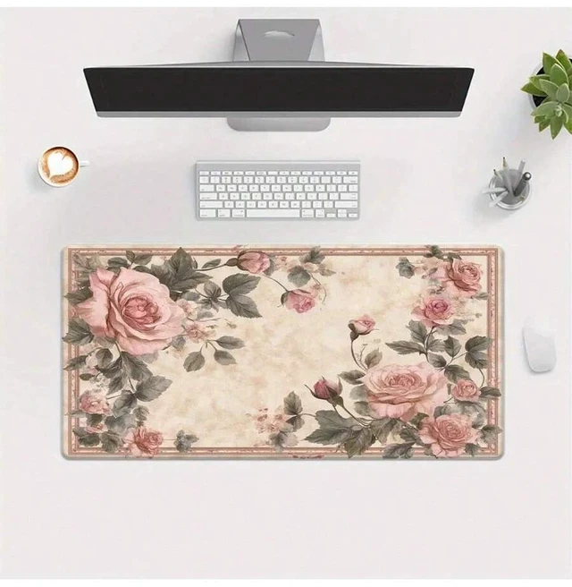 Alt view image 2 of 7 - Bks Extra Large Gaming Mouse Pad & Desk Mat - Vintage Floral PC Setup With Pink Roses, Non-Slip Rubber Base, Locked Edges - Beige Background For Office, Streaming, Graphic Design