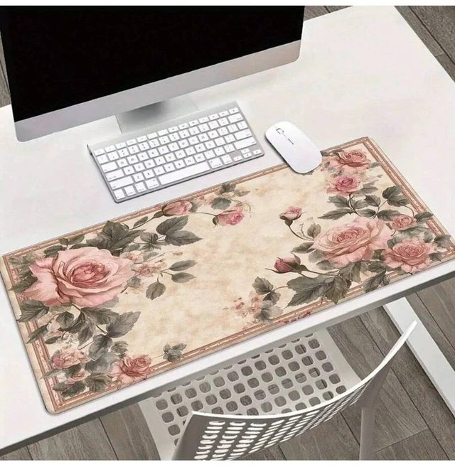 Main image of Bks Extra Large Gaming Mouse Pad & Desk Mat - Vintage Floral PC Setup With Pink Roses, Non-Slip Rubber Base, Locked Edges - Beige Background For Office, Streaming, Graphic Design