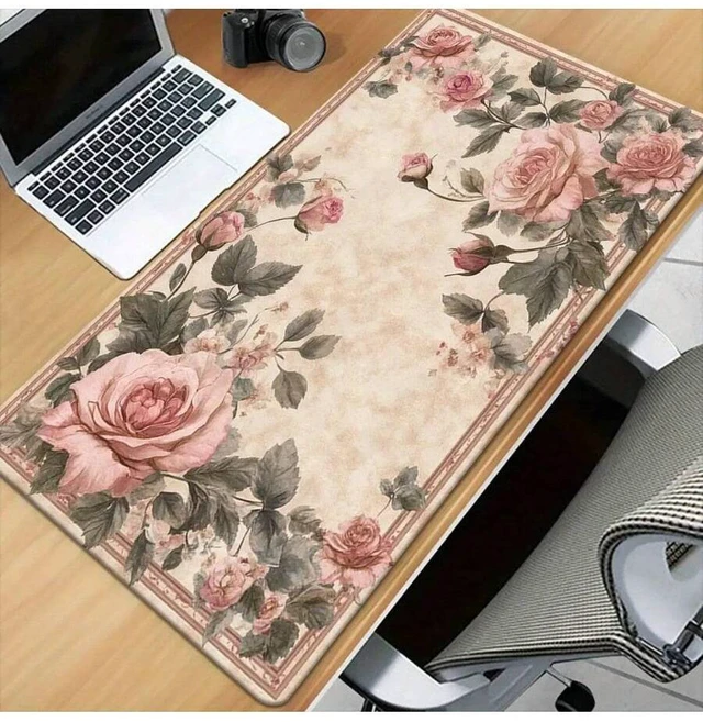 Alt view image 3 of 7 - Bks Extra Large Gaming Mouse Pad & Desk Mat - Vintage Floral PC Setup With Pink Roses, Non-Slip Rubber Base, Locked Edges - Beige Background For Office, Streaming, Graphic Design