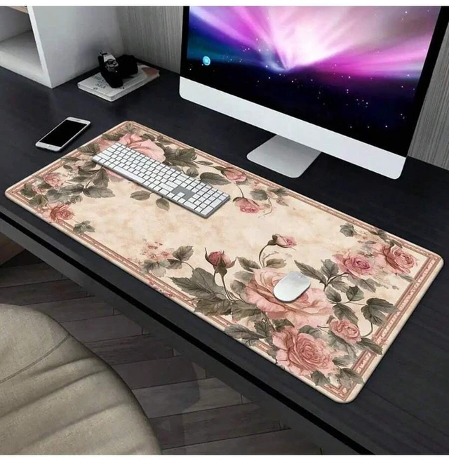 Alt view image 5 of 7 - Bks Extra Large Gaming Mouse Pad & Desk Mat - Vintage Floral PC Setup With Pink Roses, Non-Slip Rubber Base, Locked Edges - Beige Background For Office, Streaming, Graphic Design