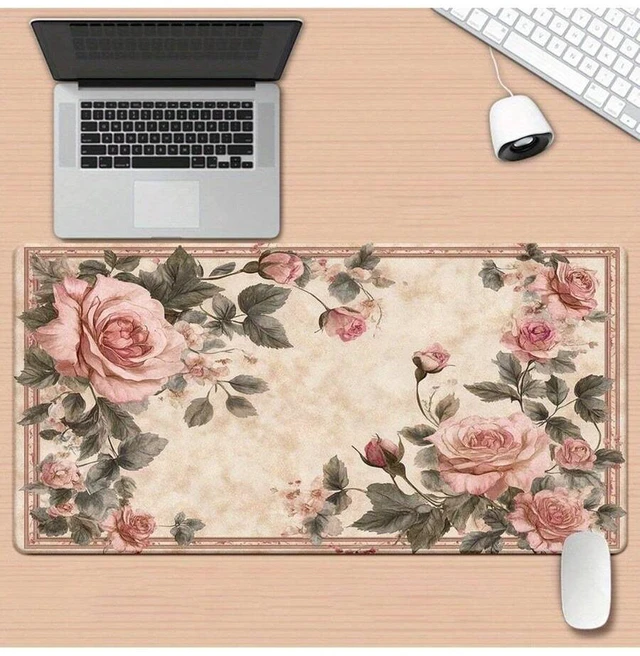 Alt view image 6 of 7 - Bks Extra Large Gaming Mouse Pad & Desk Mat - Vintage Floral PC Setup With Pink Roses, Non-Slip Rubber Base, Locked Edges - Beige Background For Office, Streaming, Graphic Design