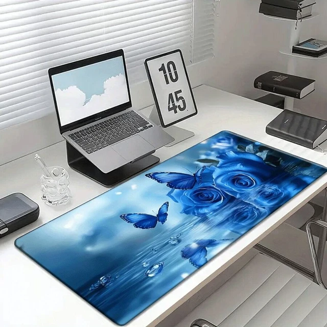 Alt view image 3 of 7 - Bks Extra Large Gaming Mouse Pad Desk Mat Blue Rose Butterfly Water Design Non-Slip Rubber Base Waterproof Extended Keyboard Pad for Laptop Office School Home Aesthetic Room Decor Study Writing Pad Te