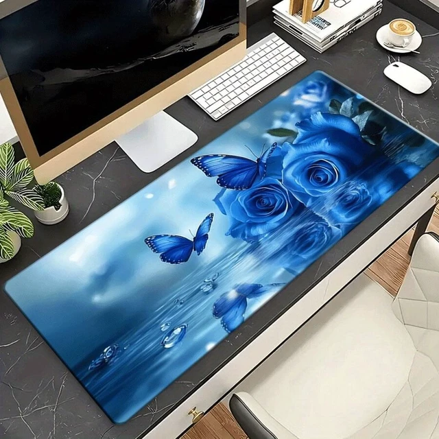 Alt view image 7 of 7 - Bks Extra Large Gaming Mouse Pad Desk Mat Blue Rose Butterfly Water Design Non-Slip Rubber Base Waterproof Extended Keyboard Pad for Laptop Office School Home Aesthetic Room Decor Study Writing Pad Te