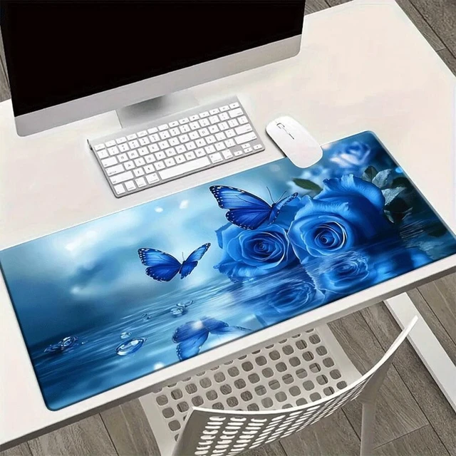 Alt view image 5 of 7 - Bks Extra Large Gaming Mouse Pad Desk Mat Blue Rose Butterfly Water Design Non-Slip Rubber Base Waterproof Extended Keyboard Pad for Laptop Office School Home Aesthetic Room Decor Study Writing Pad Te