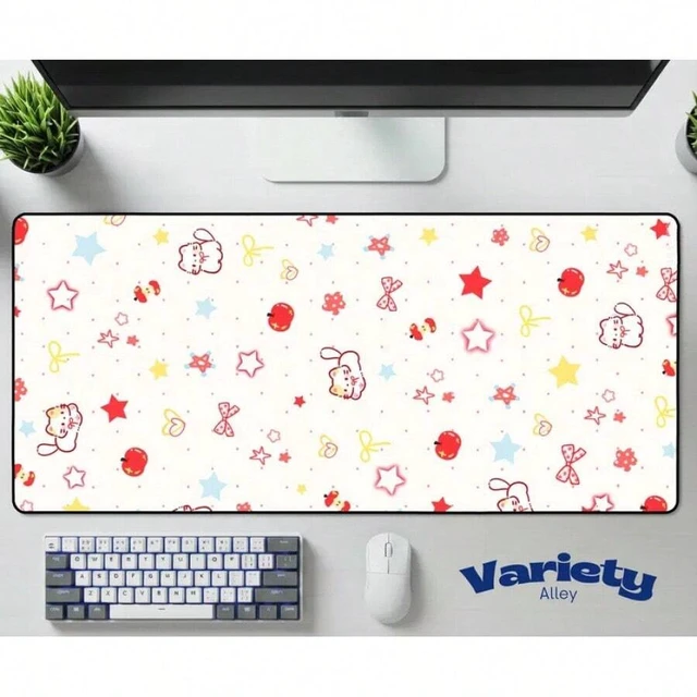 Alt view image 2 of 7 - Bks Kawaii Cat Strawberry Desk Mat | Pastel Pink Stars Mouse Pad | Neoprene Office Accessory | Smooth Surface for Gaming