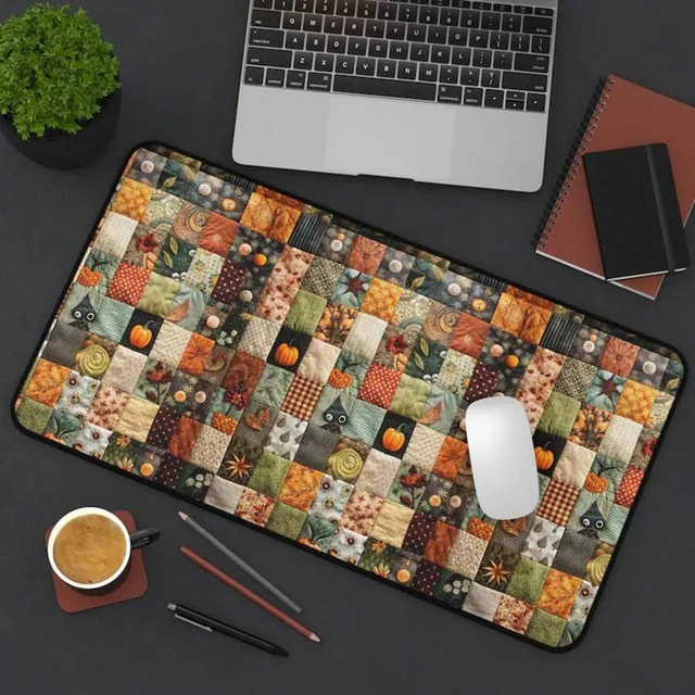 Alt view image 2 of 7 - Bks XL Gaming Mouse Pad Desk Mat, Fall Halloween Patchwork Design, Large Office Keyboard Surface, Non-Slip Rubber Base, Cute Cubicle Decor