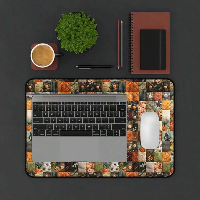 Alt view image 6 of 7 - Bks XL Gaming Mouse Pad Desk Mat, Fall Halloween Patchwork Design, Large Office Keyboard Surface, Non-Slip Rubber Base, Cute Cubicle Decor