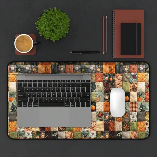 Alt view image 7 of 7 - Bks XL Gaming Mouse Pad Desk Mat, Fall Halloween Patchwork Design, Large Office Keyboard Surface, Non-Slip Rubber Base, Cute Cubicle Decor