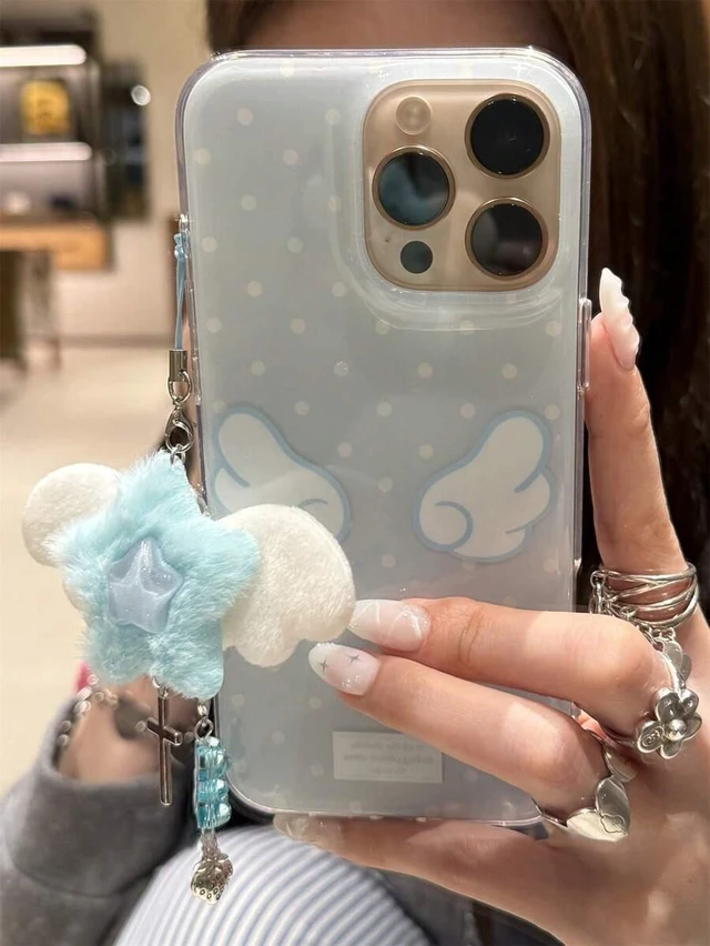 Alt view image 3 of 6 - Bks Cute Blue Polka Dot Wing Phone Case With Fluffy Star Pendant Soft Comfortable For iPhone 17 16 15 14 13 12 11 Pro Max Girls Birthday Gift