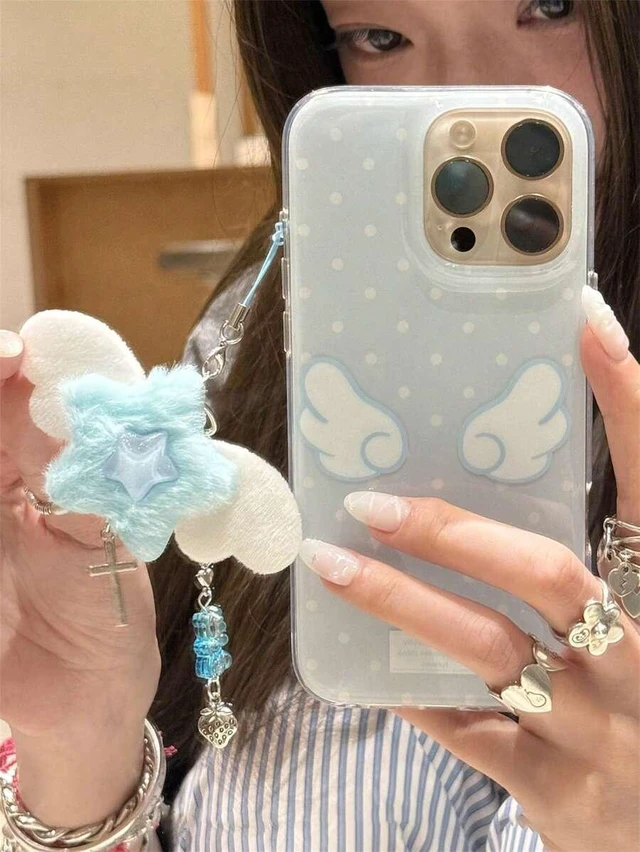 Alt view image 4 of 6 - Bks Cute Blue Polka Dot Wing Phone Case With Fluffy Star Pendant Soft Comfortable For iPhone 17 16 15 14 13 12 11 Pro Max Girls Birthday Gift