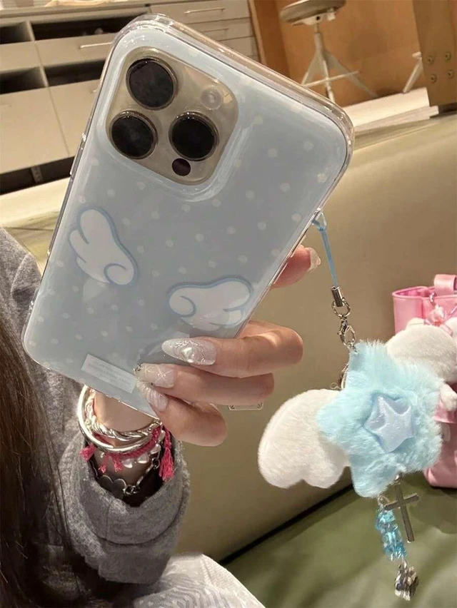 Alt view image 2 of 6 - Bks Cute Blue Polka Dot Wing Phone Case With Fluffy Star Pendant Soft Comfortable For iPhone 17 16 15 14 13 12 11 Pro Max Girls Birthday Gift