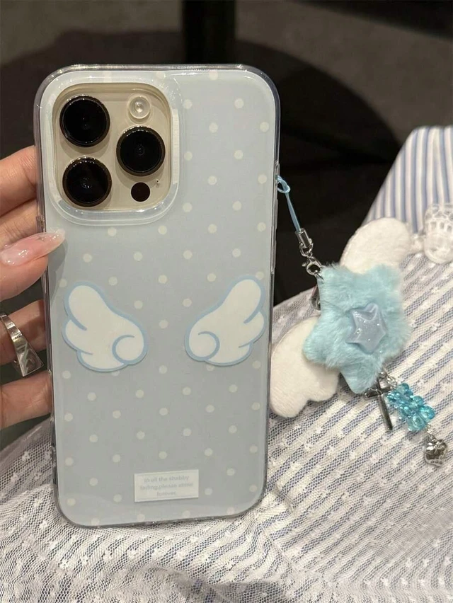 Alt view image 5 of 6 - Bks Cute Blue Polka Dot Wing Phone Case With Fluffy Star Pendant Soft Comfortable For iPhone 17 16 15 14 13 12 11 Pro Max Girls Birthday Gift