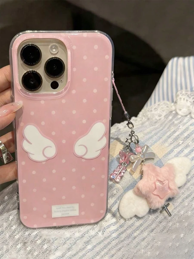 Alt view image 6 of 6 - Bks Cute Blue Polka Dot Wing Phone Case With Fluffy Star Pendant Soft Comfortable For iPhone 17 16 15 14 13 12 11 Pro Max Girls Birthday Gift