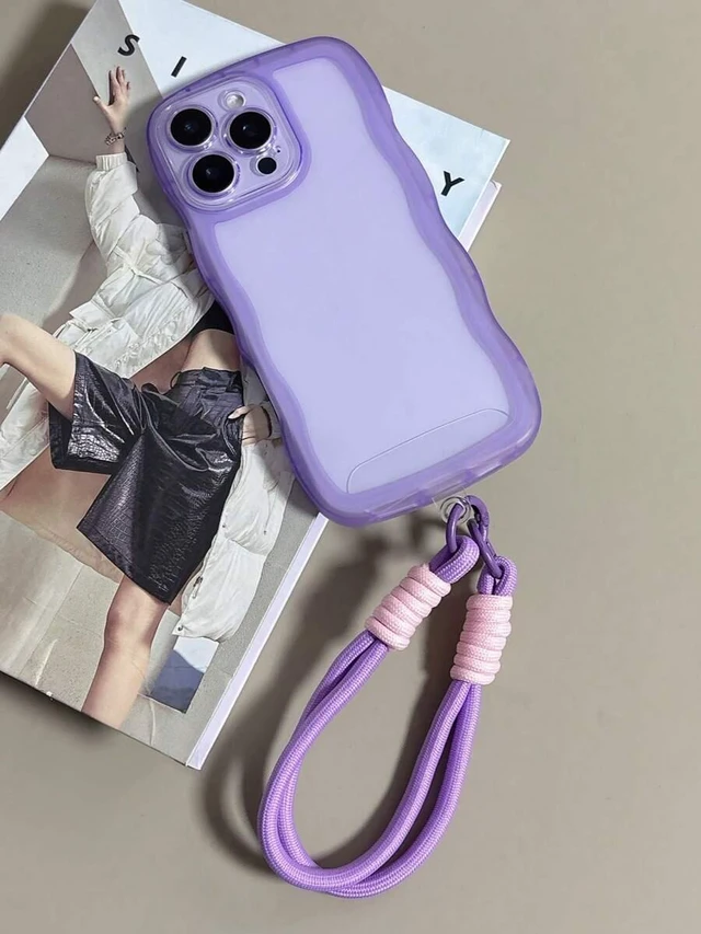 Alt view image 3 of 7 - Bks Shockproof Wavy Frame Phone Case With Lanyard For iPhone 16 15 14 13 12 Series Anti-Fall Scratch Resistant Protective Cover Purple
