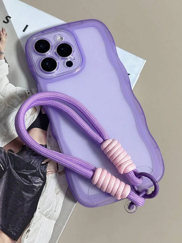 Alt view image 4 of 7 - Bks Shockproof Wavy Frame Phone Case With Lanyard For iPhone 16 15 14 13 12 Series Anti-Fall Scratch Resistant Protective Cover Purple