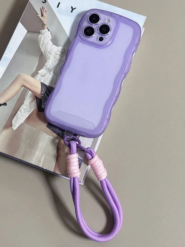 Alt view image 5 of 7 - Bks Shockproof Wavy Frame Phone Case With Lanyard For iPhone 16 15 14 13 12 Series Anti-Fall Scratch Resistant Protective Cover Purple