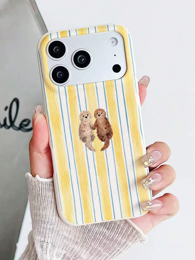 Alt view image 3 of 7 - Bks 1pc Full Coverage Lychee Texture Cute Holding Hands Otter Baby Light Yellow Striped Fashion Phone Case, Ins Healing Style Solid Color Phone Case, Perfect For Summer Use, Compatible With IPhone16/1