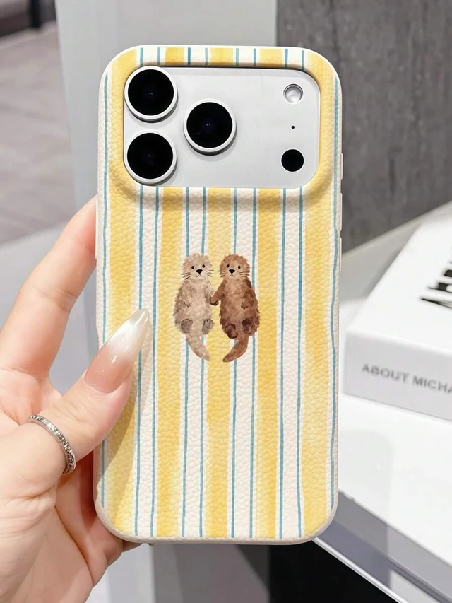 Alt view image 4 of 7 - Bks 1pc Full Coverage Lychee Texture Cute Holding Hands Otter Baby Light Yellow Striped Fashion Phone Case, Ins Healing Style Solid Color Phone Case, Perfect For Summer Use, Compatible With IPhone16/1