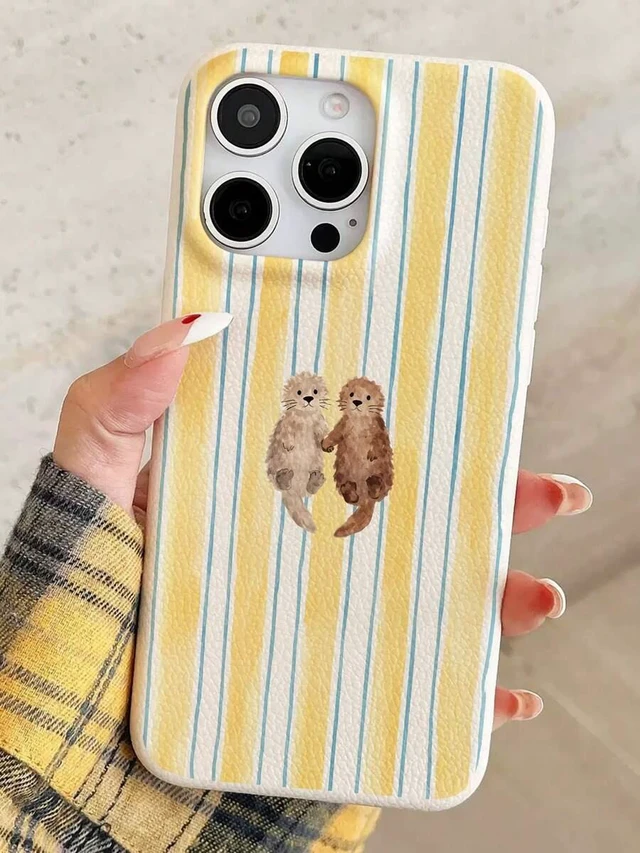 Alt view image 5 of 7 - Bks 1pc Full Coverage Lychee Texture Cute Holding Hands Otter Baby Light Yellow Striped Fashion Phone Case, Ins Healing Style Solid Color Phone Case, Perfect For Summer Use, Compatible With IPhone16/1