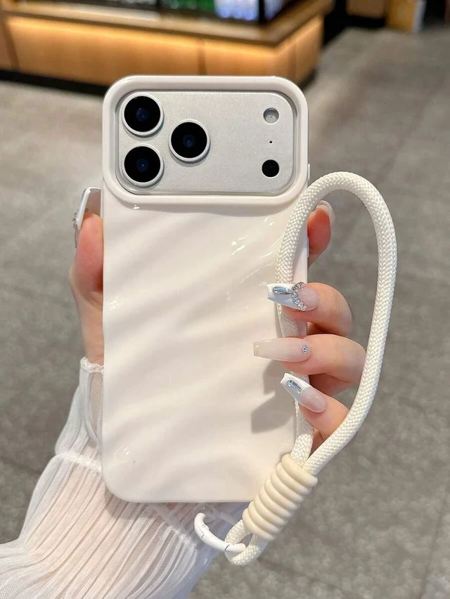Main image of Bks Minimalist White Asymmetrical Wave Fashion 1pc Anti-Slip Wrinkle Water Wave + Wrist Strap Phone Case Compatible With IPhone 11, 13, 12, 14, 13 Pro Max, 14 Pro Max, 15, 15 Pro, 15 Pro Max, 16, 16 P