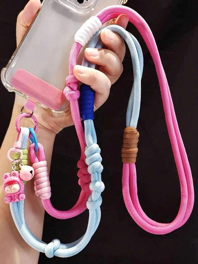 Main image of Bks 2pcs Dopamine Color Block Woven Crossbody Phone Lanyard with Hat Shaped Coin Purse, Adjustable Anti-Loss Shoulder Strap for Girls Travel Shopping