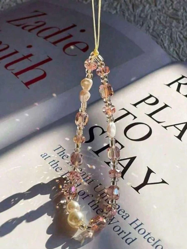Alt view image 2 of 7 - Bks Pink Multi-Bead Crystal Pearl Phone Lanyard Anti-Lost Wrist Strap Universal For Camera And Phone