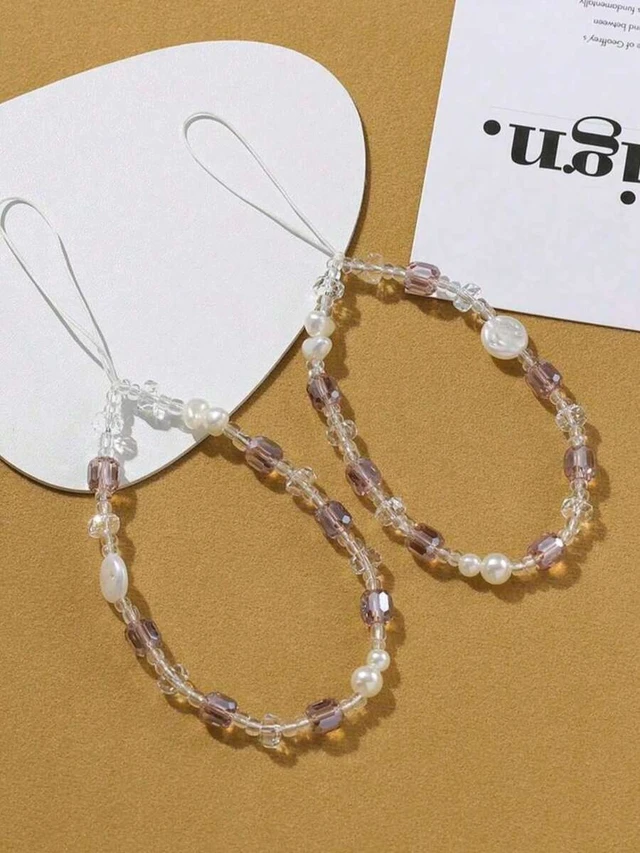 Alt view image 3 of 7 - Bks Pink Multi-Bead Crystal Pearl Phone Lanyard Anti-Lost Wrist Strap Universal For Camera And Phone