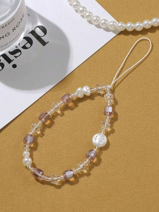 Alt view image 4 of 7 - Bks Pink Multi-Bead Crystal Pearl Phone Lanyard Anti-Lost Wrist Strap Universal For Camera And Phone