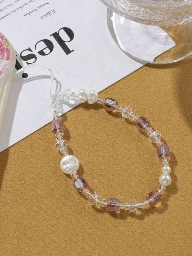 Alt view image 5 of 7 - Bks Pink Multi-Bead Crystal Pearl Phone Lanyard Anti-Lost Wrist Strap Universal For Camera And Phone