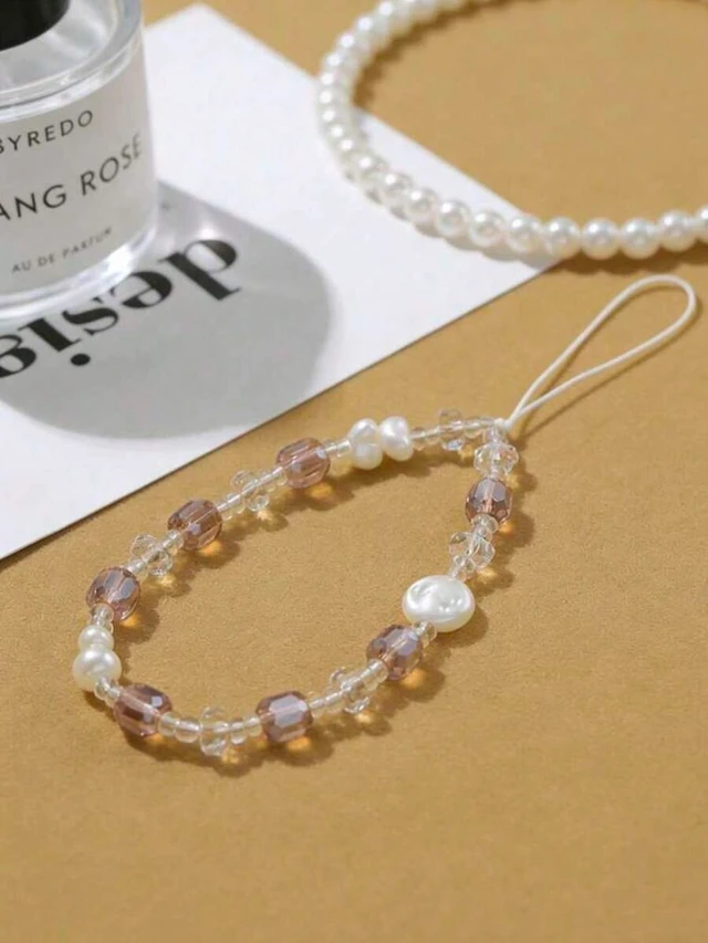Alt view image 6 of 7 - Bks Pink Multi-Bead Crystal Pearl Phone Lanyard Anti-Lost Wrist Strap Universal For Camera And Phone