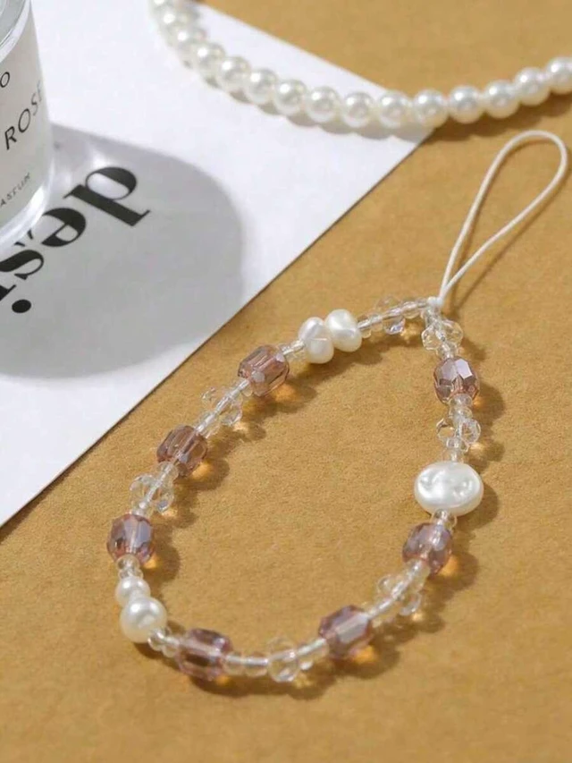 Alt view image 7 of 7 - Bks Pink Multi-Bead Crystal Pearl Phone Lanyard Anti-Lost Wrist Strap Universal For Camera And Phone