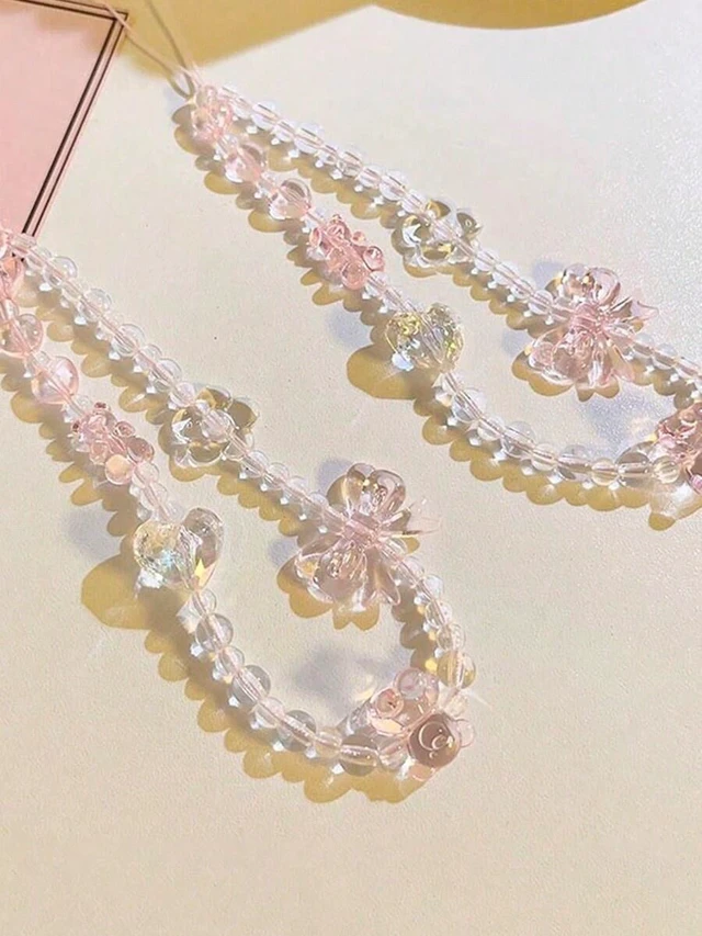 Main image of Bks Pink Butterfly Teddy Bear Heart Charm Resin Crystal Pendant Phone Lanyard Keychain Gift for Mother Family Friends Birthday Holiday