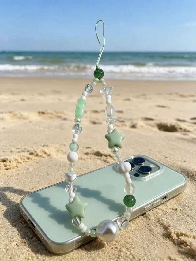 Alt view image 3 of 7 - Bks Mint Green Beaded Phone Lanyard with Stars Hearts Crystals Anti-Loss Strap for iPhone Samsung Case Camera Key