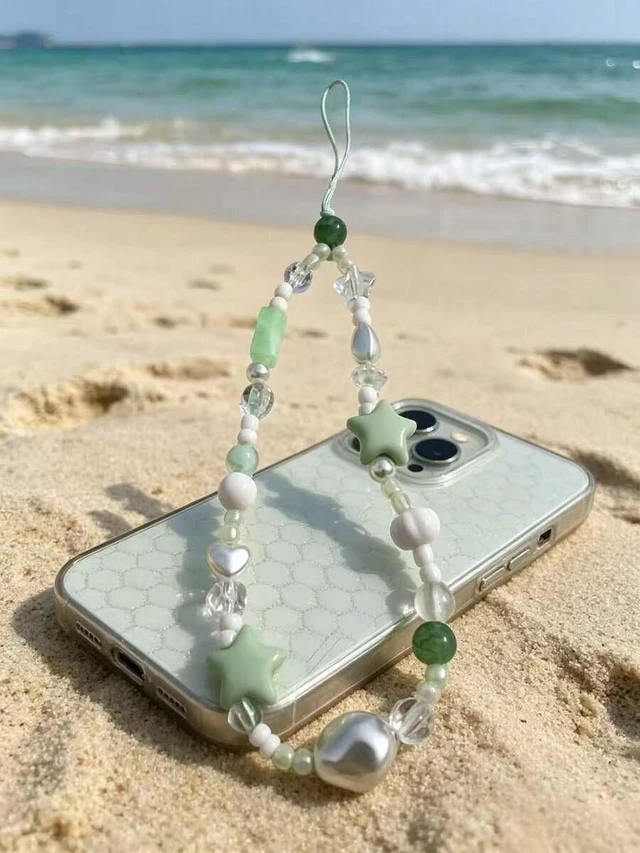 Alt view image 4 of 7 - Bks Mint Green Beaded Phone Lanyard with Stars Hearts Crystals Anti-Loss Strap for iPhone Samsung Case Camera Key