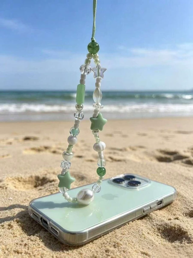 Alt view image 5 of 7 - Bks Mint Green Beaded Phone Lanyard with Stars Hearts Crystals Anti-Loss Strap for iPhone Samsung Case Camera Key