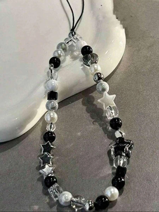Alt view image 7 of 7 - Bks Mint Green Beaded Phone Lanyard with Stars Hearts Crystals Anti-Loss Strap for iPhone Samsung Case Camera Key