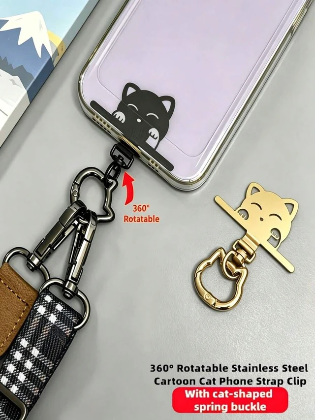 Alt view image 2 of 7 - Bks 2-In-1 Stainless Steel Phone Lanyard Clip 360° Rotating No-Tangle Cat Head Spring Ring Durable Metal Connector Compatible Crossbody Wrist Strap Universal Accessory