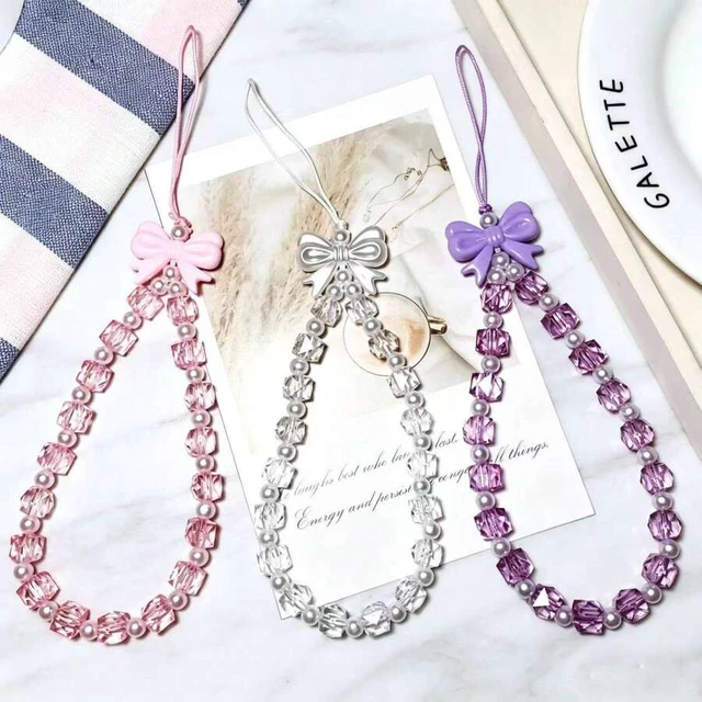 Alt view image 2 of 7 - Bks Phone Lanyard Strap with Crystal Cube Pearl Bow Decor Beaded Hanging Accessory for Camera Earphone Case