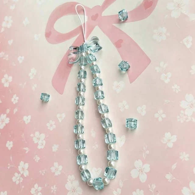 Alt view image 4 of 7 - Bks Phone Lanyard Strap with Crystal Cube Pearl Bow Decor Beaded Hanging Accessory for Camera Earphone Case