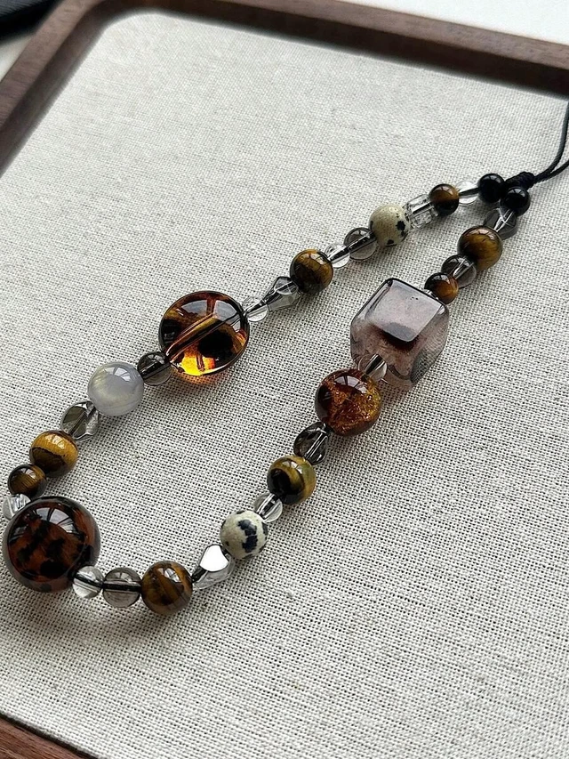 Alt view image 6 of 7 - Bks Beaded Phone Lanyard Brown Leopard Print Short Wrist Strap Camera Charm Pendant For Women