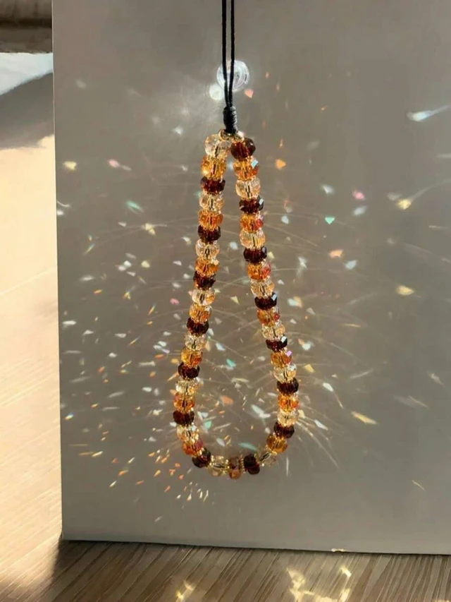 Alt view image 2 of 7 - Bks Vintage Caramel Faceted Crystal Bead Phone Lanyard, Gradient Amber Brown Glass Beads, Detachable Wrist Strap, Retro Autumn Aesthetic Hand Strap Accessory for Women