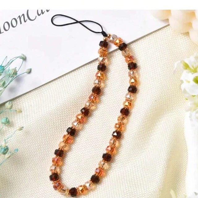 Alt view image 3 of 7 - Bks Vintage Caramel Faceted Crystal Bead Phone Lanyard, Gradient Amber Brown Glass Beads, Detachable Wrist Strap, Retro Autumn Aesthetic Hand Strap Accessory for Women
