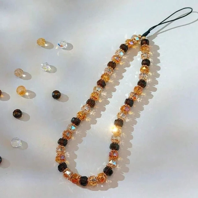 Alt view image 4 of 7 - Bks Vintage Caramel Faceted Crystal Bead Phone Lanyard, Gradient Amber Brown Glass Beads, Detachable Wrist Strap, Retro Autumn Aesthetic Hand Strap Accessory for Women