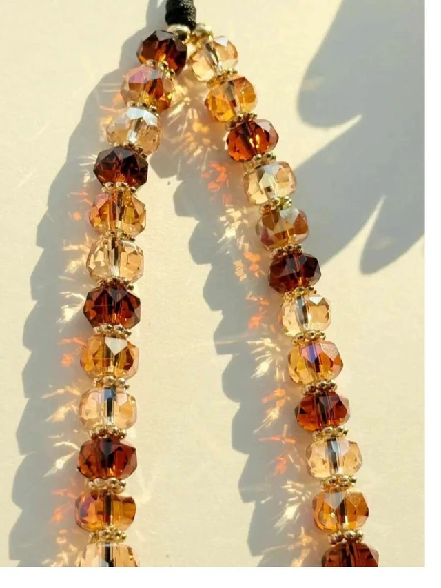 Alt view image 5 of 7 - Bks Vintage Caramel Faceted Crystal Bead Phone Lanyard, Gradient Amber Brown Glass Beads, Detachable Wrist Strap, Retro Autumn Aesthetic Hand Strap Accessory for Women