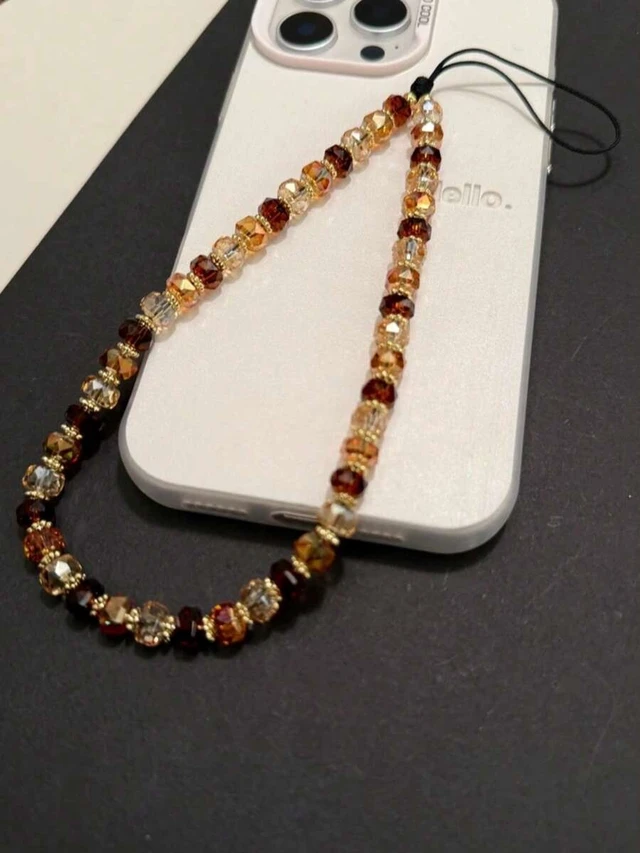 Alt view image 6 of 7 - Bks Vintage Caramel Faceted Crystal Bead Phone Lanyard, Gradient Amber Brown Glass Beads, Detachable Wrist Strap, Retro Autumn Aesthetic Hand Strap Accessory for Women