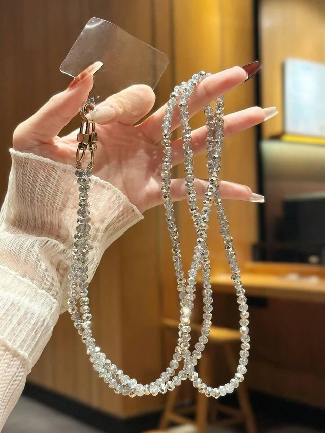 Main image of Bks Jade White Black Orchid Shiny Glass Bead Chain Phone Lanyard Crossbody Strap for Bags Suitable