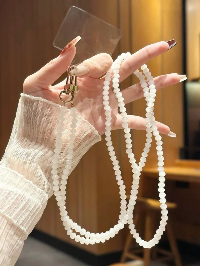 Main image of Bks Jade White Black Orchid Shiny Glass Bead Chain Phone Lanyard Crossbody Strap for Bags Suitable