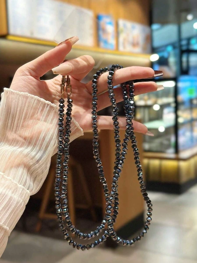 Alt view image 6 of 7 - Bks Jade White Black Orchid Shiny Glass Bead Chain Phone Lanyard Crossbody Strap for Bags Suitable